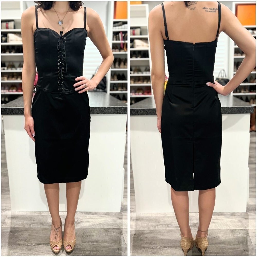 bebe Black Lace-Up Corset Sheath Dress